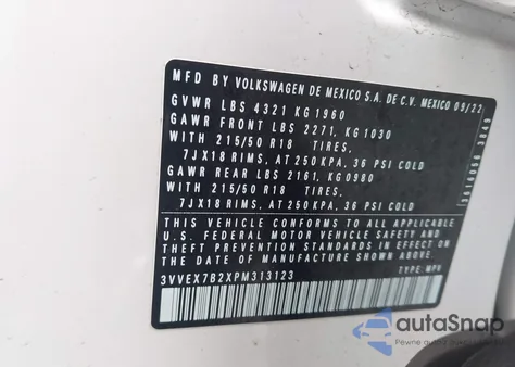 2023 Volkswagen Taos 1.5T Se z USA, uszkodzony, nr VIN 3VVEX7B2XPM313123